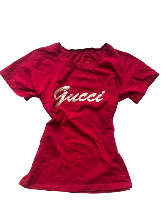 Gucci Tops - Authentic Gucci Women’s Red Tee with Gold cursive Logo
